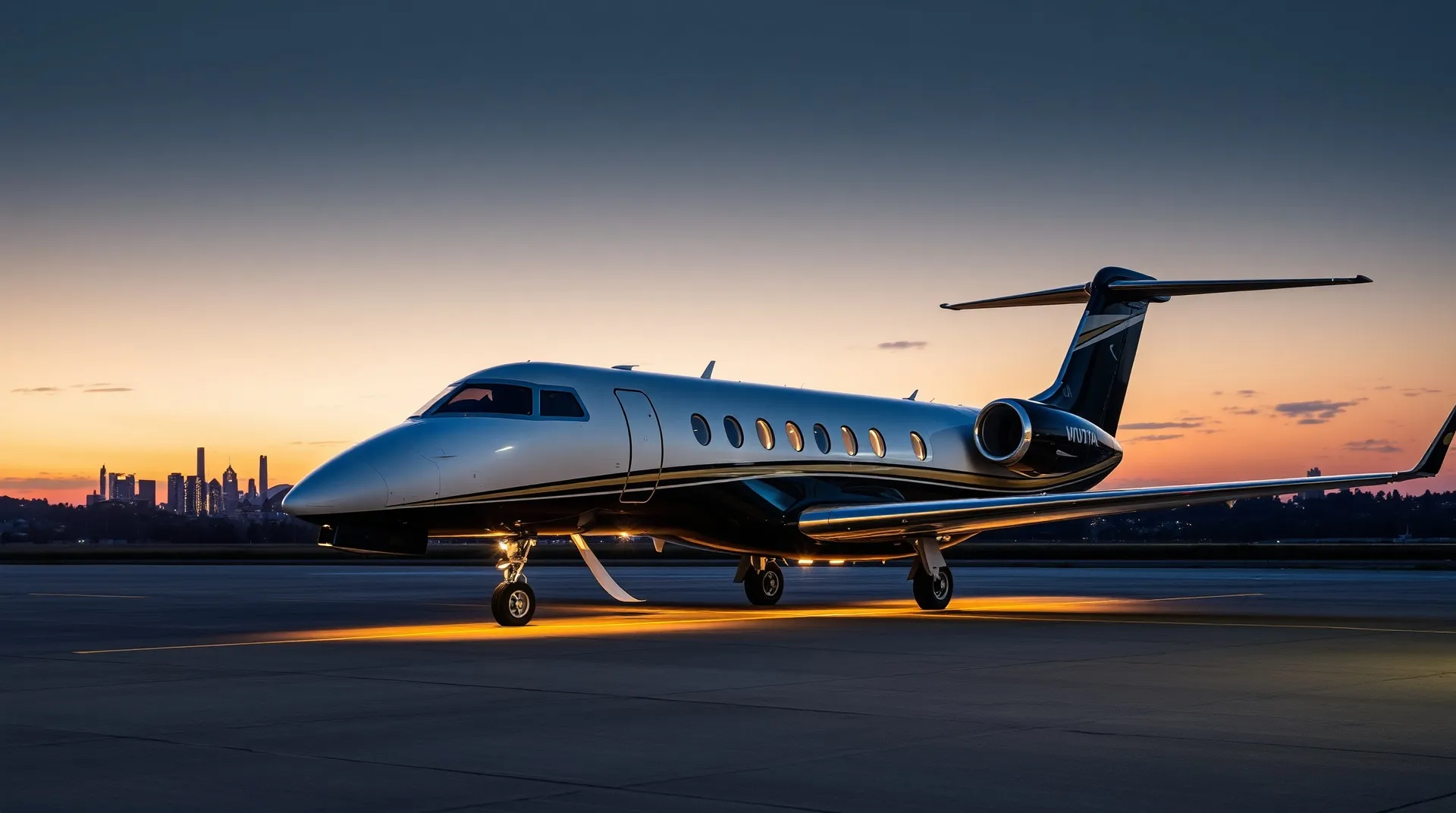Luxury private jet on Sydney tarmac at dusk